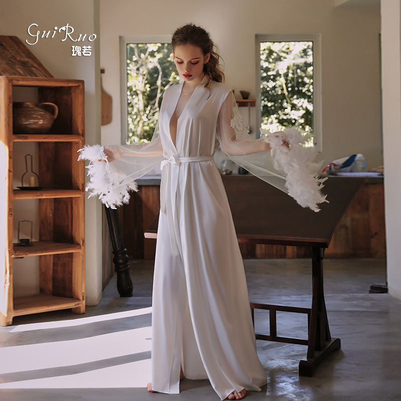 DZ ruoruo satin mesh stitching sexy cardigan lace-up feather cuff long home women's nightgown suit