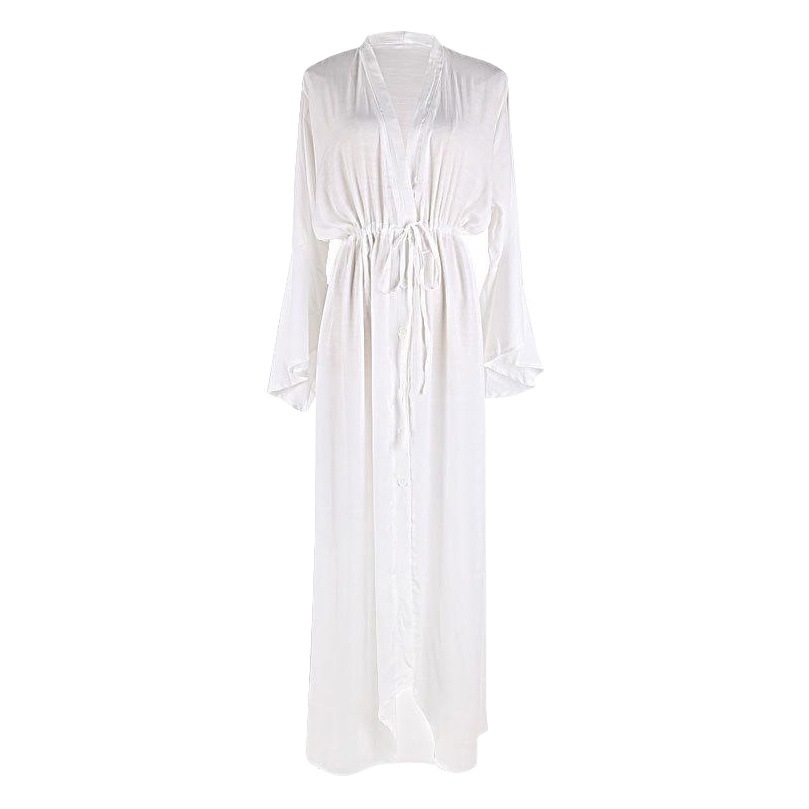 New Bamboo Cloth Buttoned Bell Sleeve Cardigan Long Sun Protection Clothing Beach Jacket Bikini Outer Swimsuit Cover-Up