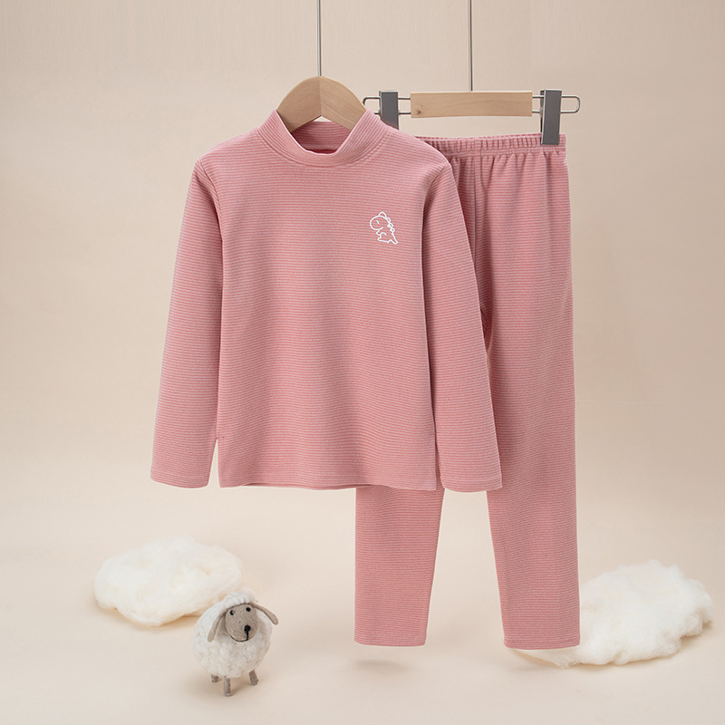 Picture of Children's double-sided brushed plush Long Johns boys and girls winter thermal underwear suit mid-collar bottoming striped pajamas