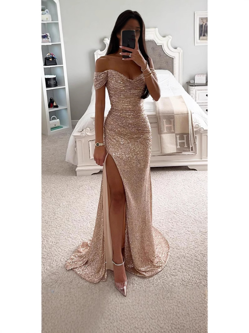 Picture of Cross-border Hot Selling Foreign Trade Women's Clothing Independent Station Polyester Sexy Fine Away Fork Ball Dress Sequin dress New Product