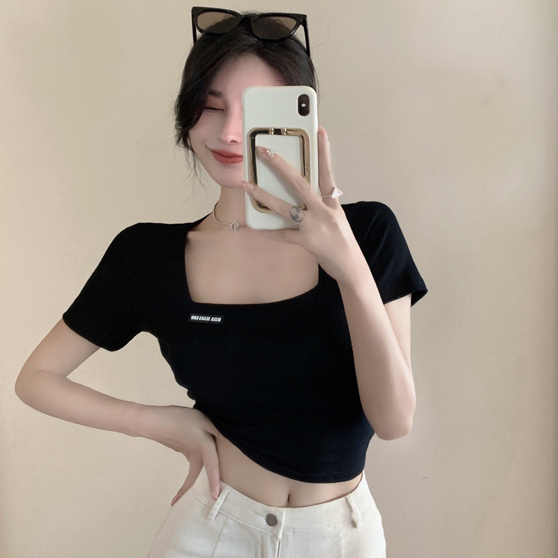 Picture of Square Collar Short-sleeved T-shirt Women's Summer New Short Spice Girl Top Slim-fit Styish White Half-sleeved Trendy