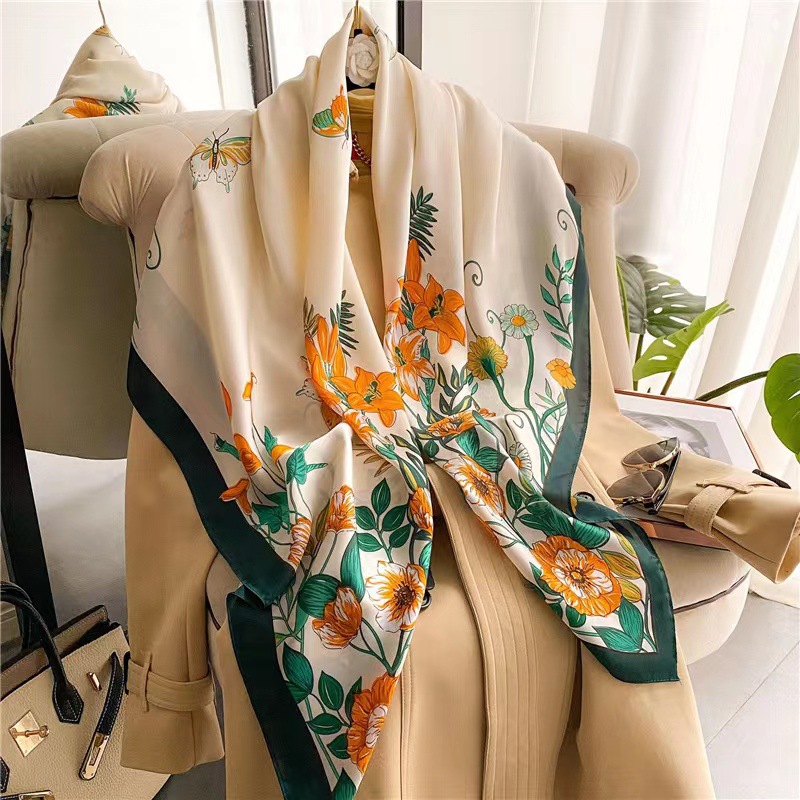 New 110 x 110 square scarf floral butterfly satin printed silk scarf Li brocade forged imitation silk turban southeast Asia