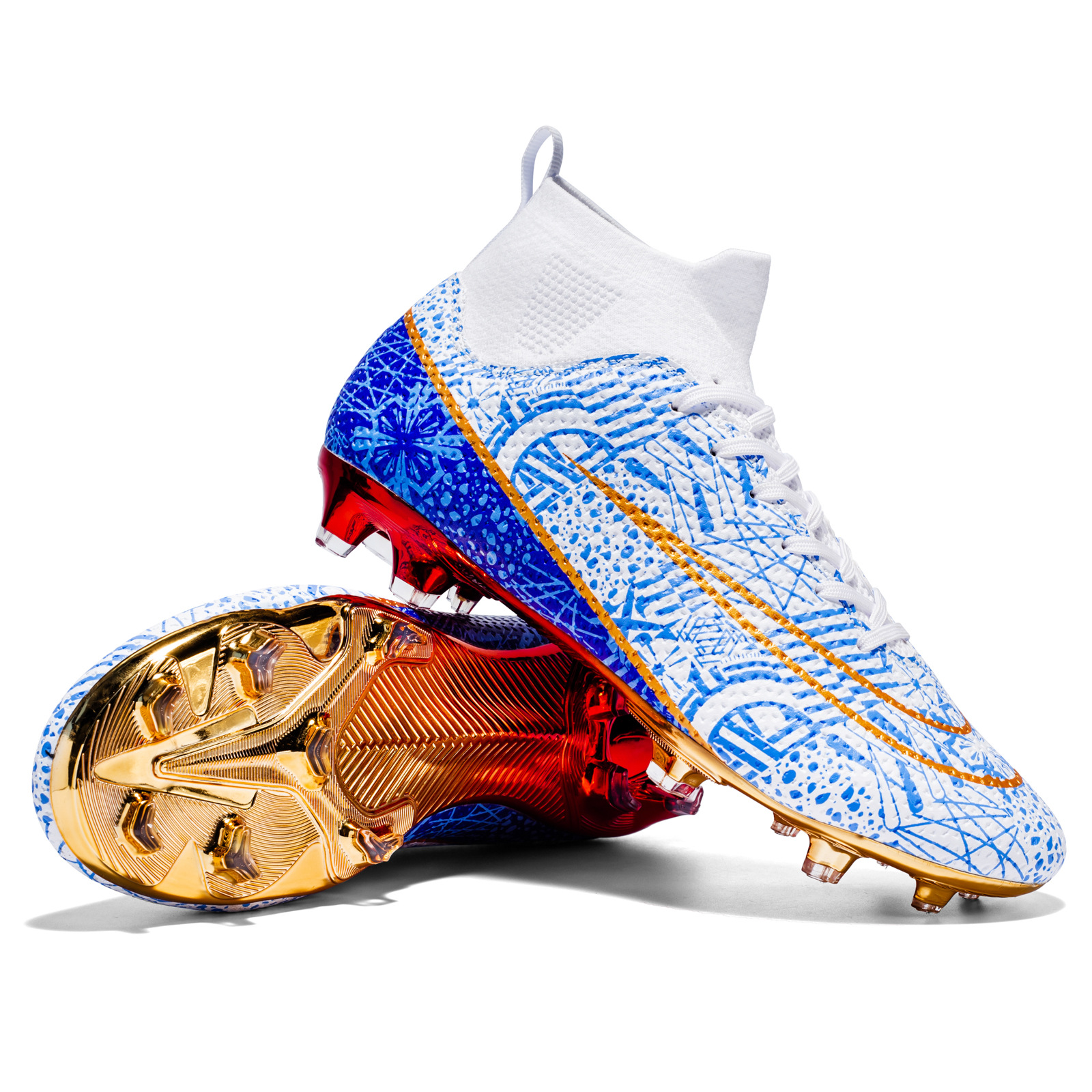 Cross-border plus size Football Shoes Electroplated Gold Sole AG Spike Football Shoes Youth Lawn Leather Foot Training Nail Shoes Wholesale