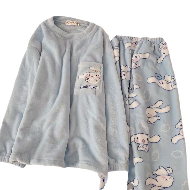 Wholesale coral fleece pajamas for female students winter thickened fleece-lined warm two-piece flannel home wear women's suit