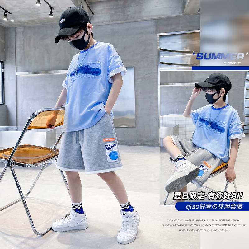 Children's Wear Boy's Summer Short-sleeved Distinctive suit 2025 New Style Middle and Large Children's Sports Children's Summer Thin Two-piece Set