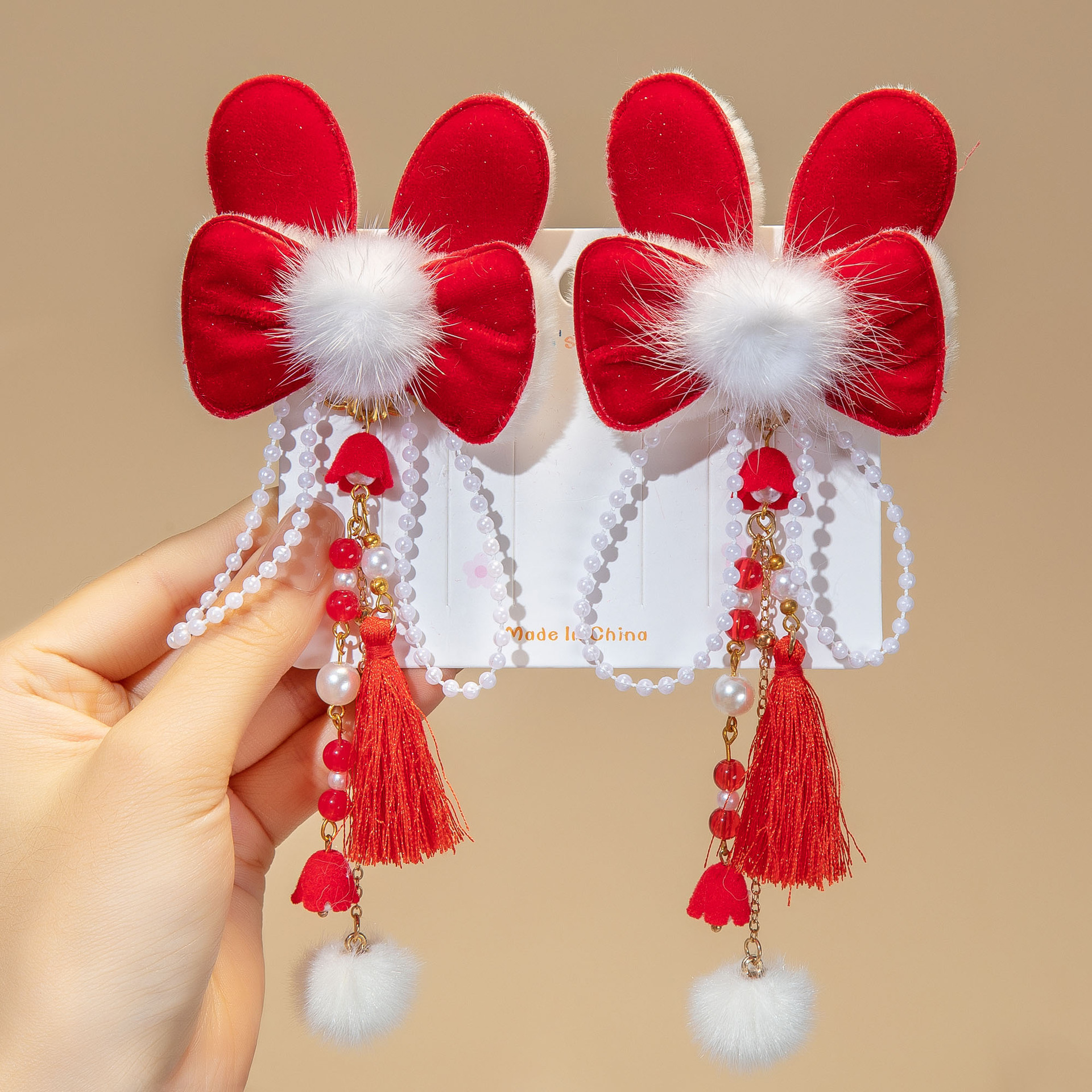 Picture of New Year Red Headwear Children's Antique Fluffy Flower Hair Ball Tassel Hairpin Girls New Year Greeting Hairpin New Year Celebration Hair Accessories