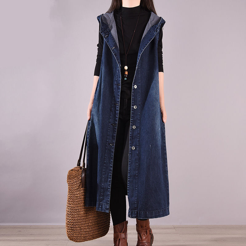 2024 Autumn New plus size Loose Long Denim Sleeveless Hooded Vest for Women's Clothing Simple Loose Trendy