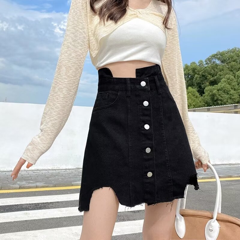 Black Skirt Women's 2024 New Fashion Irregular Design Denim Skirt Women's High Waist Slim A- line Skirt