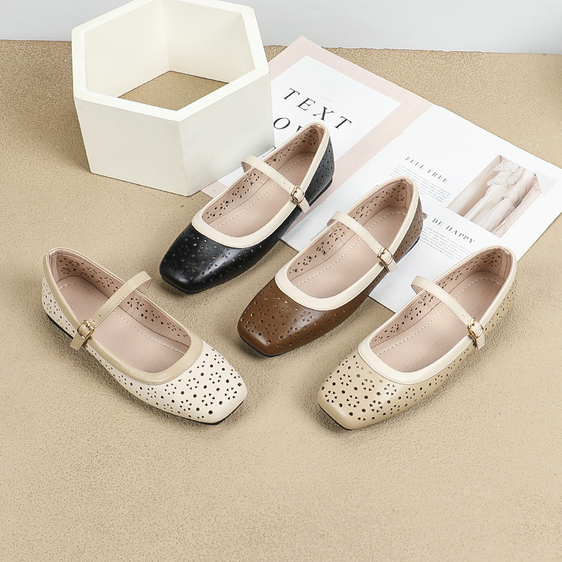 Soft Leather Hollow One-word Buckle-strap Mary Jane Shoes Women's Summer 2024 New Square Toe Shallow French Niche Low Heel Single-layer Shoes