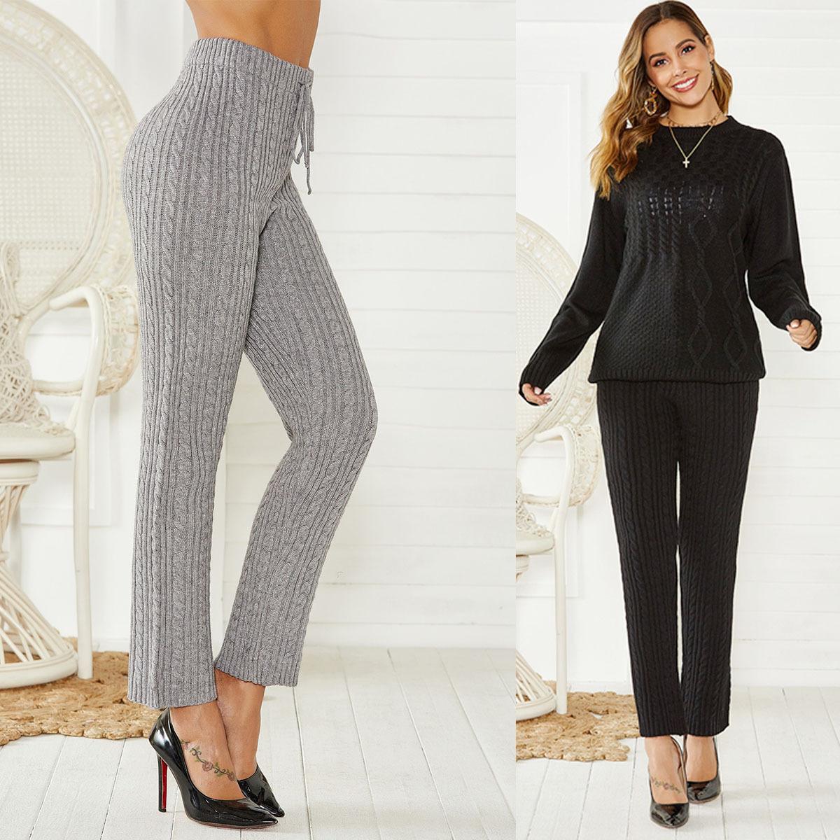 Cross-border Europe and the United States New Twist Knitted Wool Pants Small Leg Pants Mid-waist Elastic Slim Warm Knitted Pants for Autumn and Winter