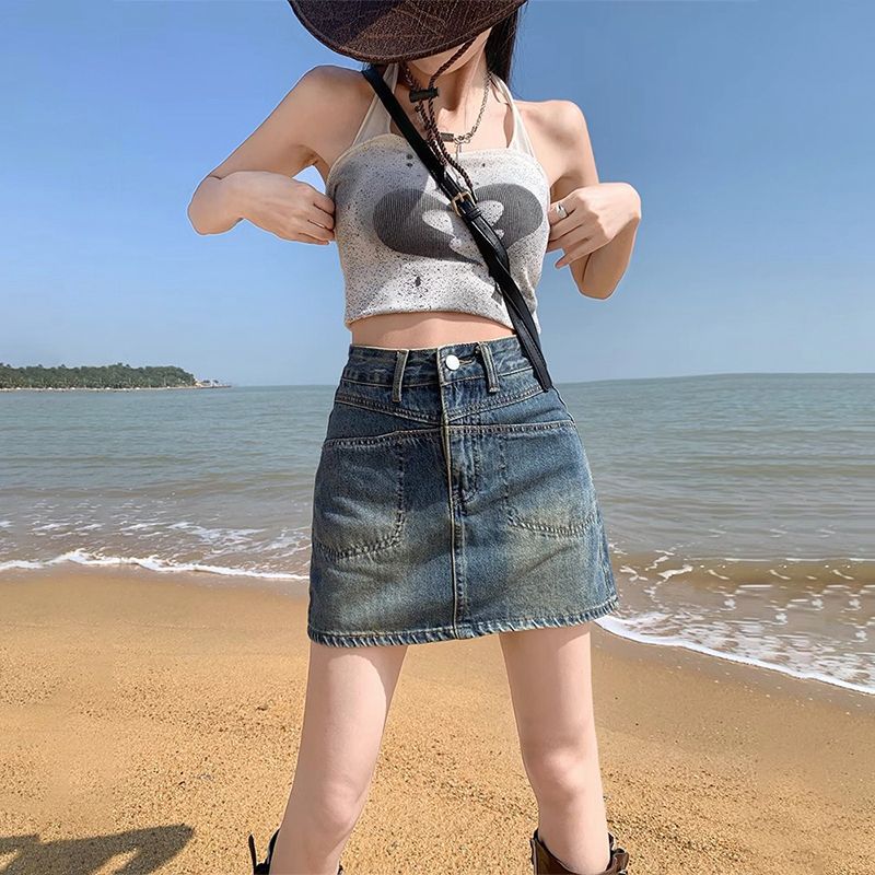 American Style Retro A- word Washed Denim Skirt Women's 2024 New Summer Thin High Waist Slimming Sheath Skirt