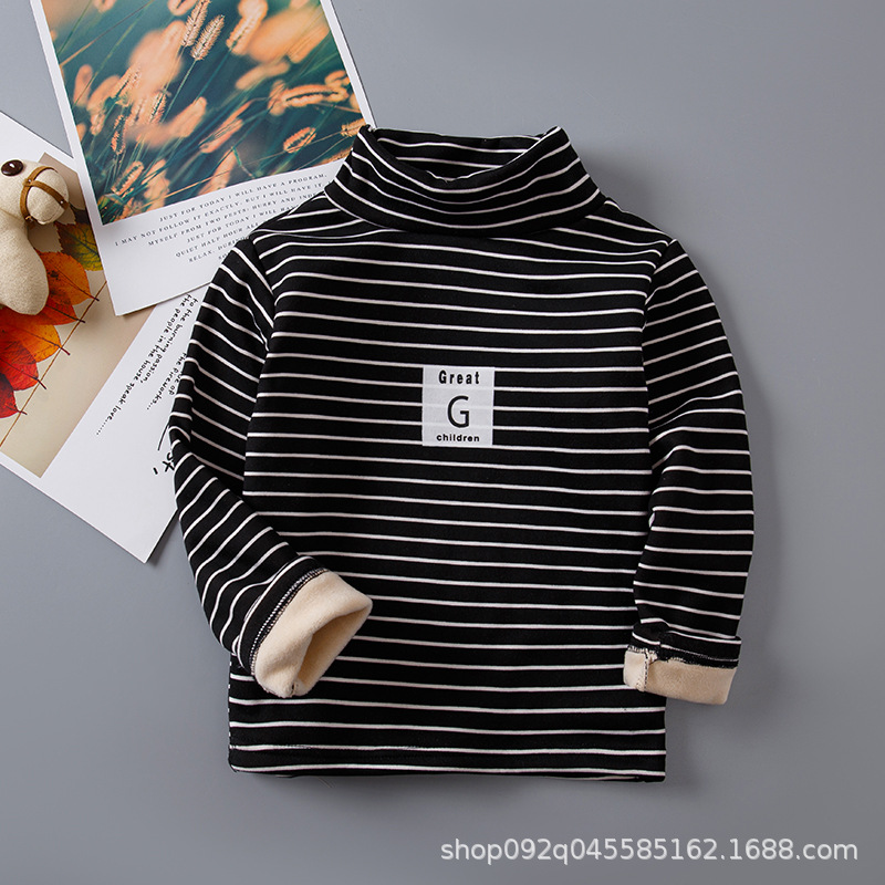 Picture of 2025 Kidsren's Bottoming Shirt Half Turtleneck Fleece-Lined Stripesd Long-Sleeved Warm Top for Boys and Girls Trbottomy Korean Style Autumn and Winter Kidsren's Clothing