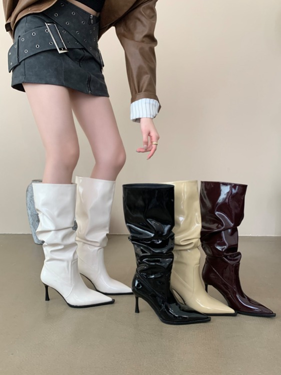 High-Heeled Pointed Toe Elegant Pile Boots Long Boots 2024 Autumn and Winter Fashion New Patent Leather Slim Boots Slim Fashion Boots