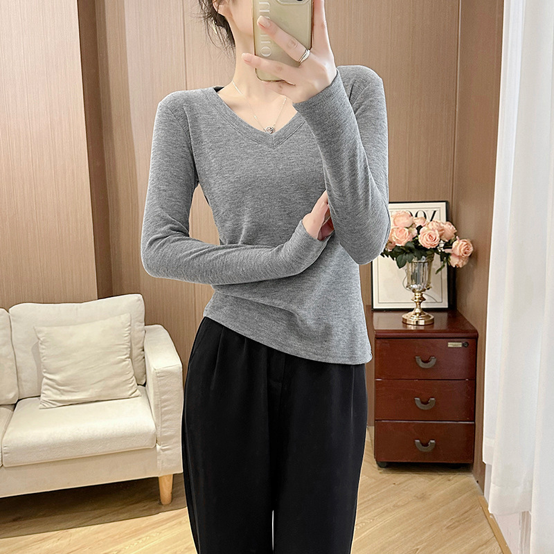 fleece-lined Thickened Fashionable V-Neck Inner Base Shirt Autumn and Winter Warm Long-Sleeved T-Shirt Slim-Fit Stylish Top for Outer Wear
