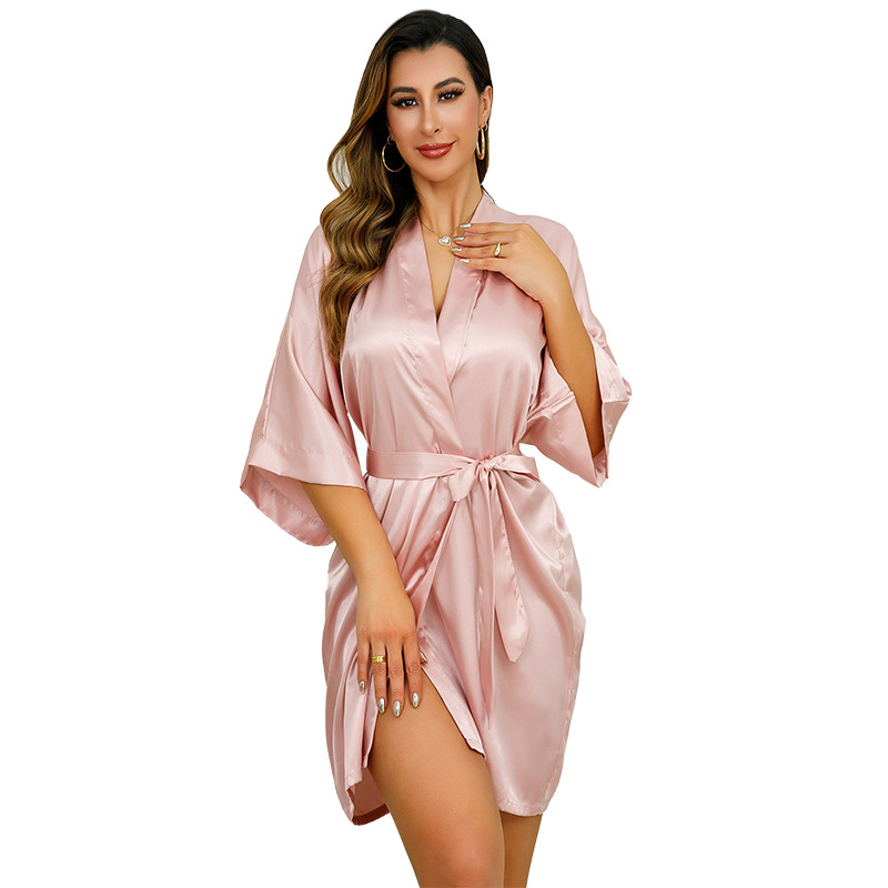 Picture of Solid Color Silk Fashion Pajamas Women's Long Nightgown Amazon Women's Sexy Lace-Up Pajamas Bathrobe Home Clothes