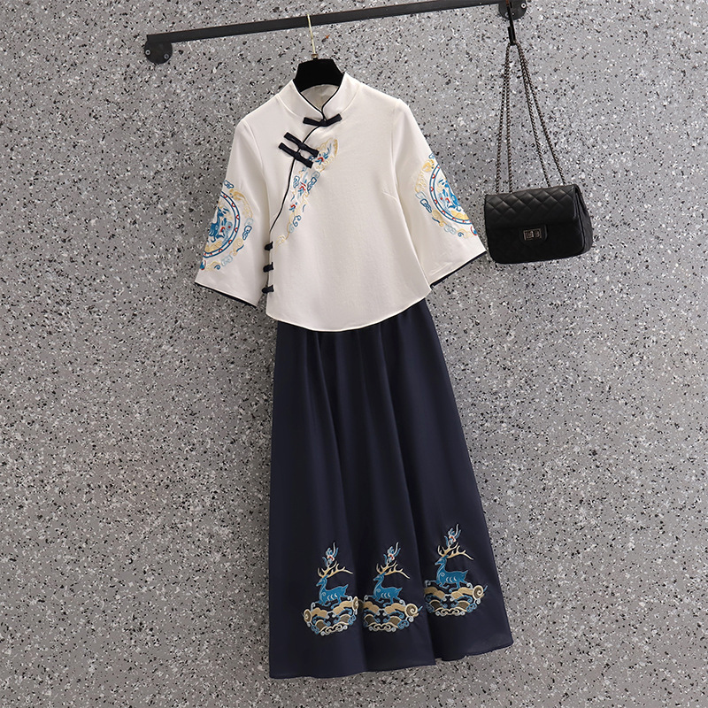 Picture of Chinese Style National Style Hanfu Modified Zen Tea Clothing Top Vintage Embroidered Deer Yao Buckle Top suit Summer Skirt