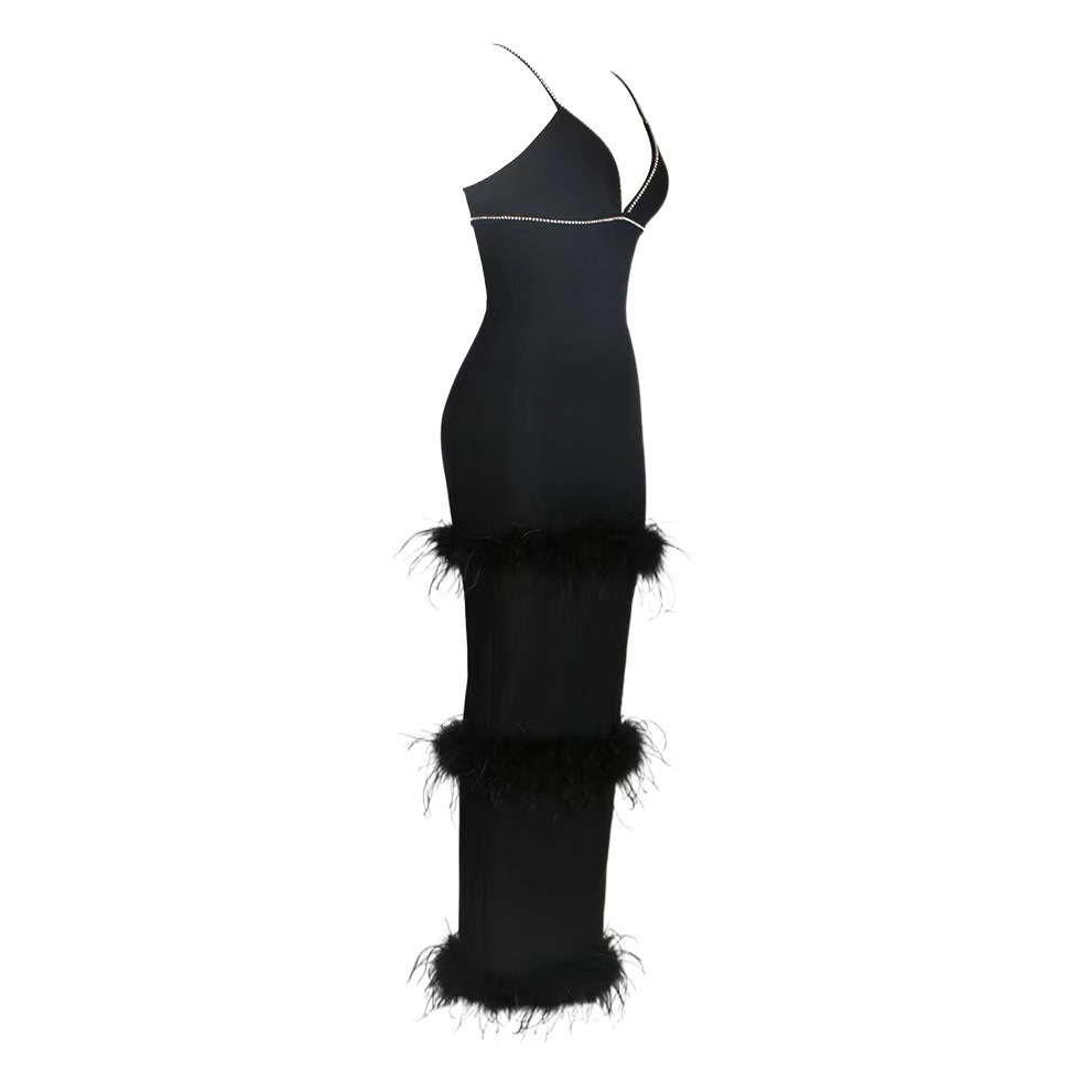 2025 New European and American Women's Sexy Black Sling V-neck Round Strip Ostrich Hair Chain Knitted Bandage dress