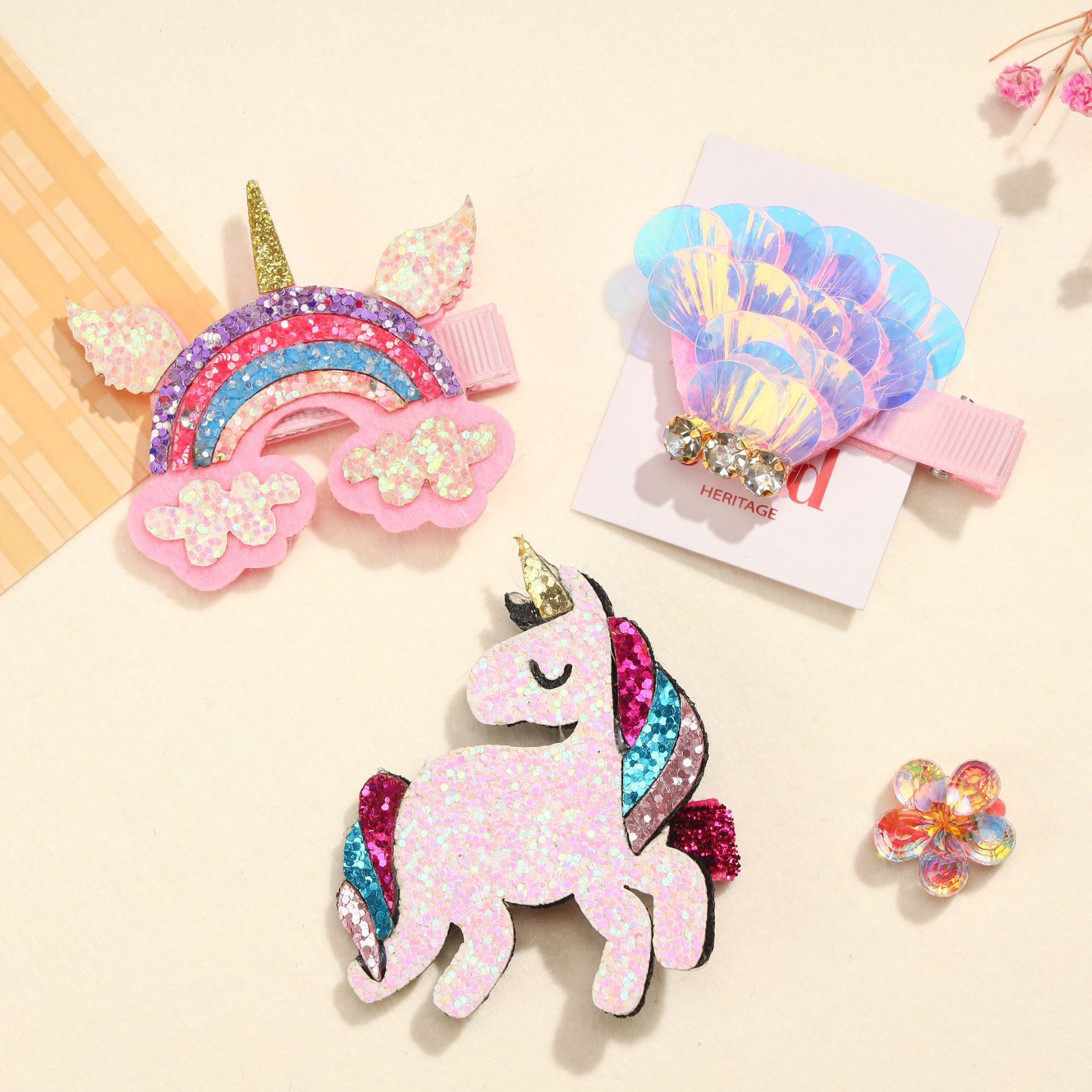 Picture of New Korean style unicorn hair clip with diamond crown children's hair clip ins sequins shell girl headdress