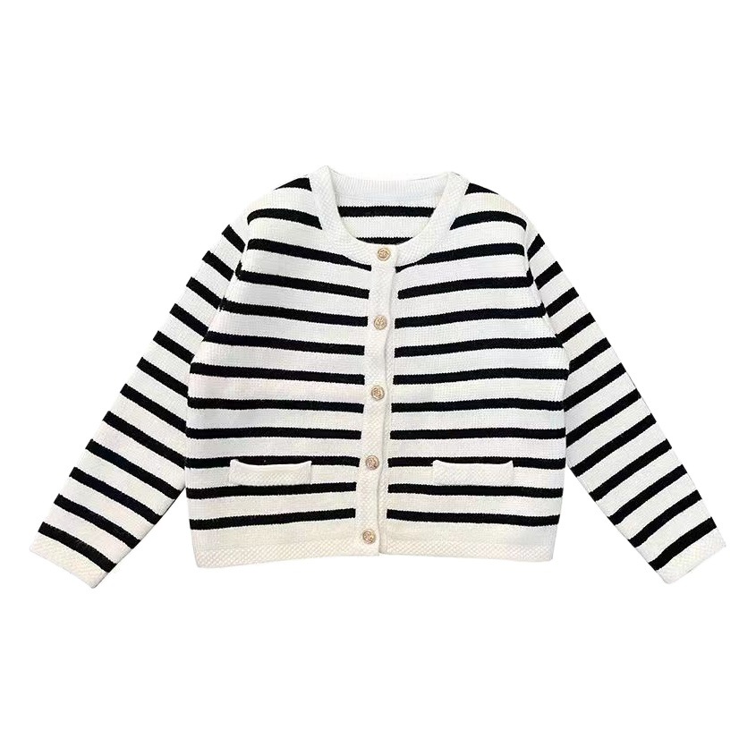 Girls' coat spring and autumn children's cardigan striped knitted outerwear autumn and winter children's Korean style western style sweater coat