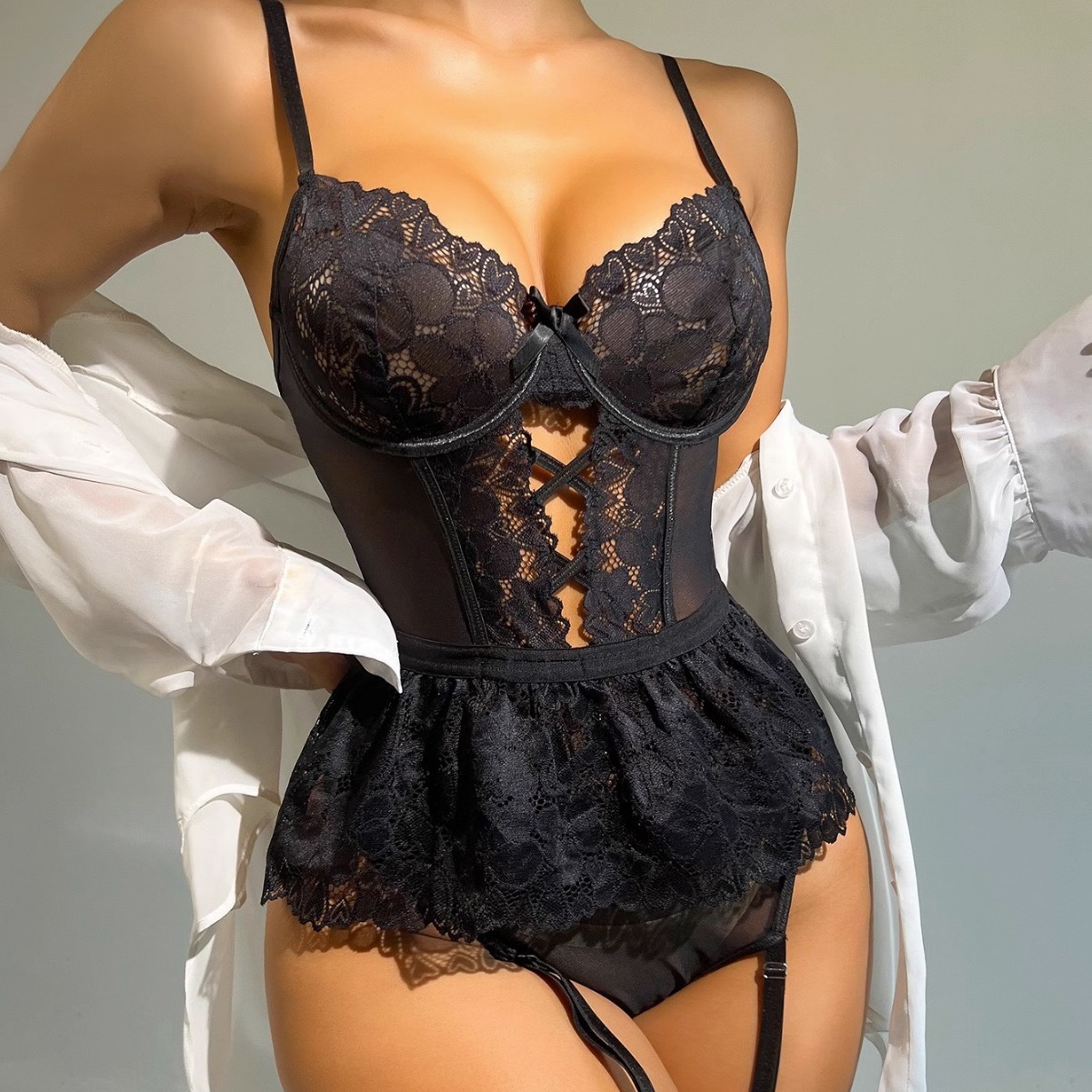 Cross-border foreign trade European and American new sexy lingerie sexy women's lace short skirt hollow jumpsuit sexy suit wholesale