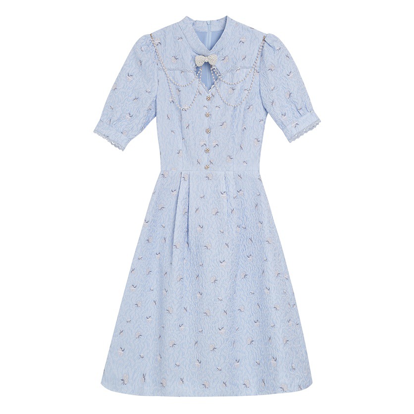 Zhili White Dress Women's 2025 Summer New Puff Sleeve Age-Reducing Butterfly Pearl Jacquard High Waist A-Line Skirt