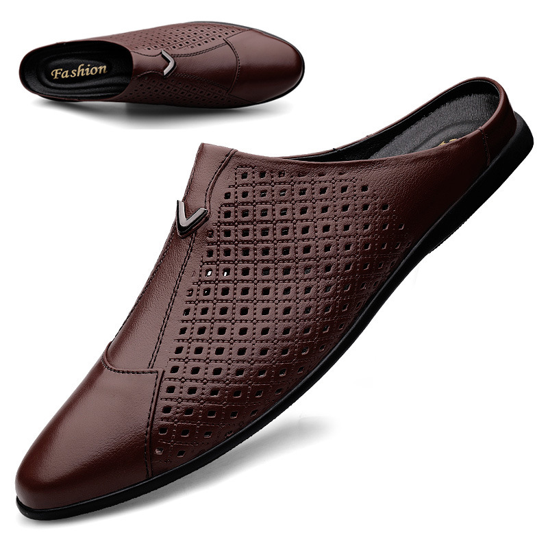 Lazy Half Slippers Men's Heel-free Shoes New Casual Hole Shoes Breathable Soft-soled Cowhide Sandals Men's Trendy