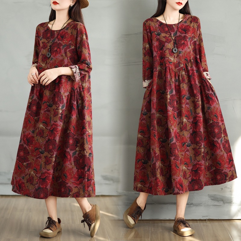 Real Shot New Vintage Cotton and Linen Printed Round Neck Long-sleeved dress Women's Loose plus size Slim-fit Stitching A- line Skirt for Women