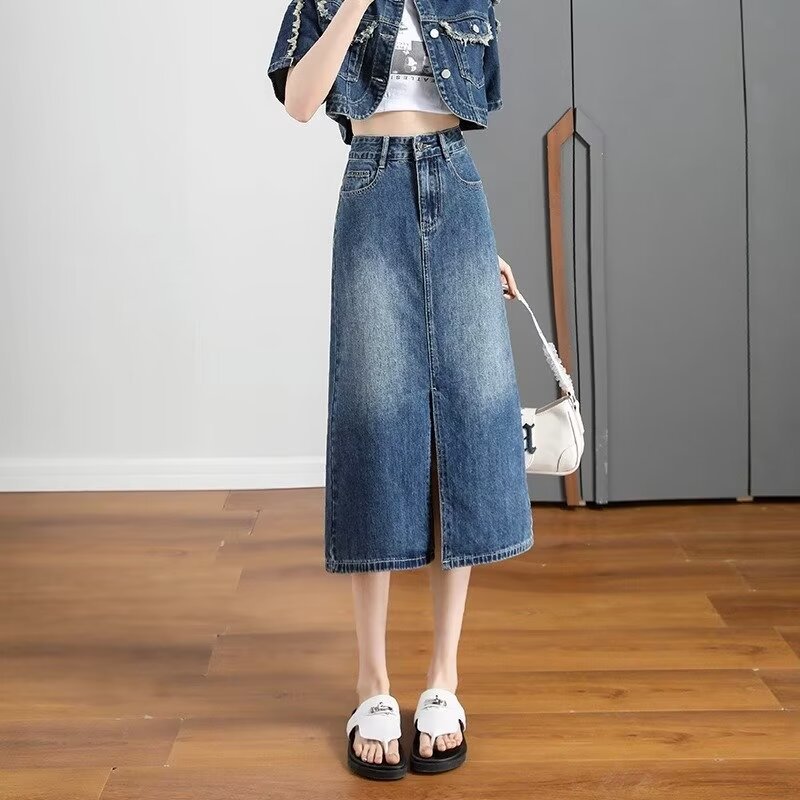 Vintage Blue Split Denim Skirt Women's Short 2024 Summer New High Waist Slimming A- line Mid-length Skirt