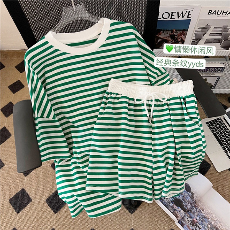 562#200kg college style striped casual sports suit women's summer loose student short sleeve T-shirt shorts two-piece set