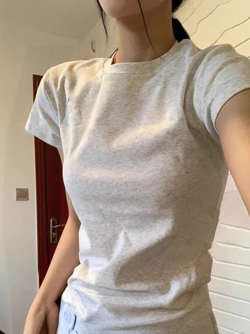 Gray Round Neck Right Shoulder Pure Cotton Long-Sleeved T-Shirt for Women Autumn and Winter 2025 Slim Fit Inner Layering Shirt Top Short Style