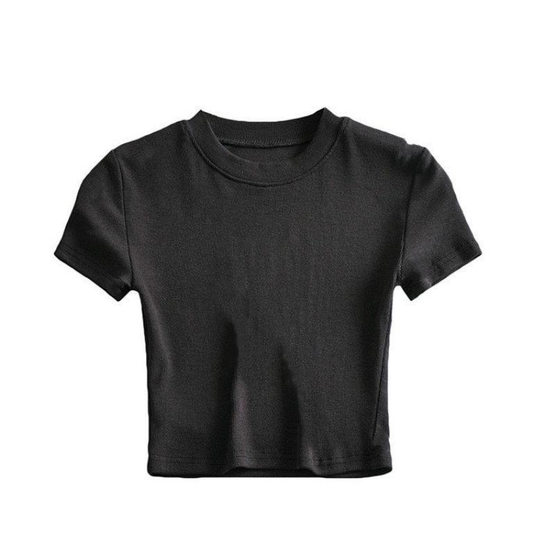 Picture of Hot girl sexy tight chest slimming round neck short sleeve t-shirt women's summer slim fit ins short navel bottoming solid color top fashion