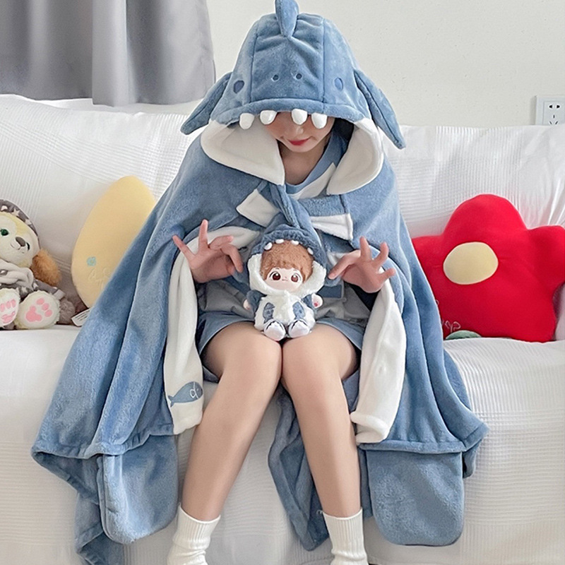 Office Shark Blanket Midday Pajamas Shawl Pocket Hooded Nightgown Student Dormitory Lunch Lazy Nightgown