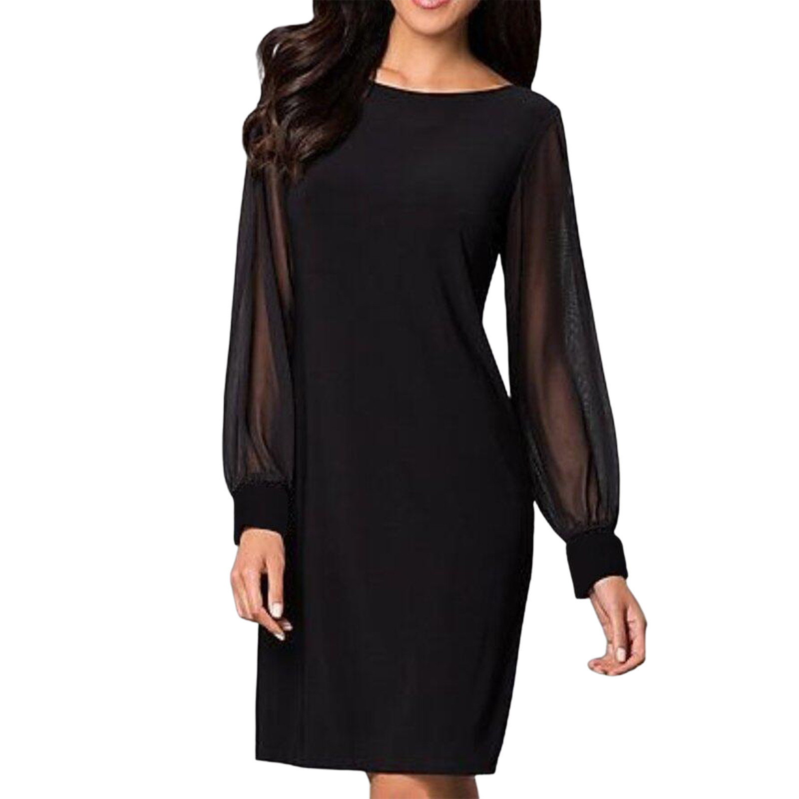 European and American Cross-border Solid Color dress Mesh Chiffon Stitching Long Sleeve Round Neck Hip Dress
