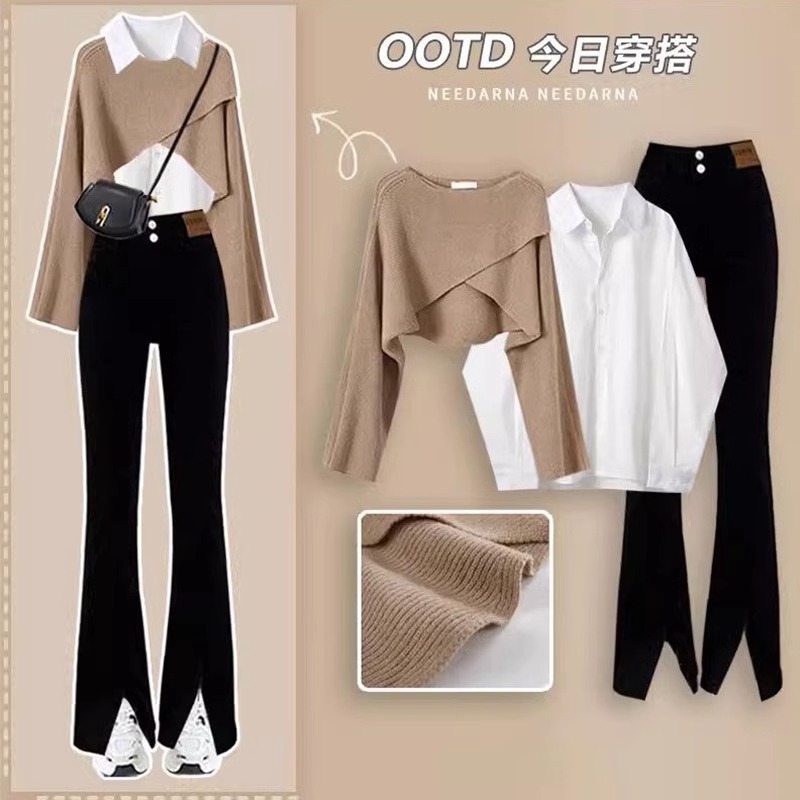 Autumn clothing salt series wear a set of women's 2023 new Korean style elegant knitted sweater shirt jeans three-piece set