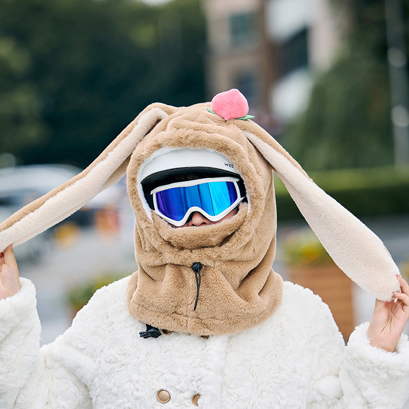 Picture of Winter Warm Peach Rabbit Mask Hat and Scarf Integrated Xiaomei Same Style Outdoor Skiing and Cycling Helmet Hat Cute