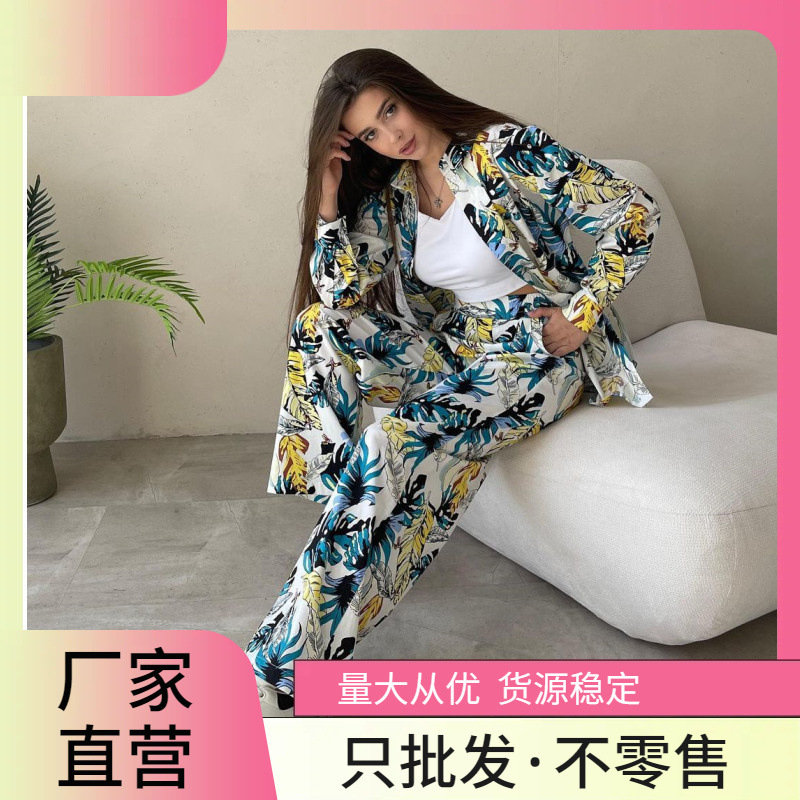 European and American in stock 2024 New Fashion Printed plus size Loose Top High Waist Wide Leg Pants Women's Casual suit