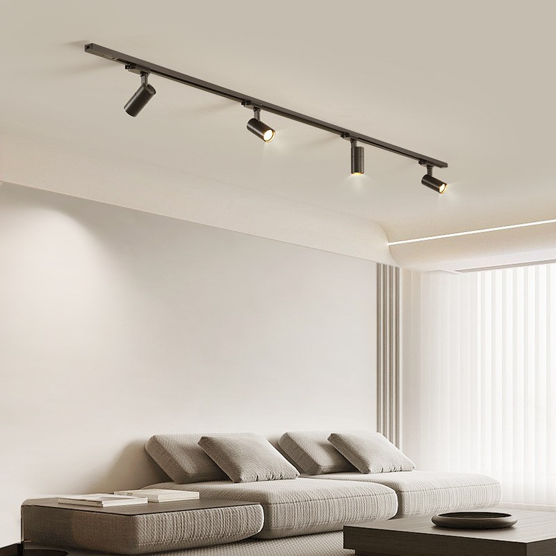 Track spotlights, clothing stores, commercial surface-mounted, ceiling rail type living room, no main lamps, background walls, ceiling spotlights