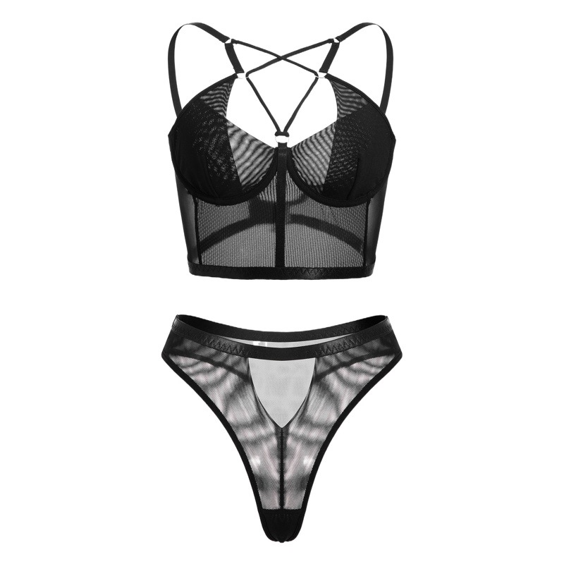 European and American nightclub style independent station Foreign trade sexy black mesh perspective bra underwear women's sexy suit in stock