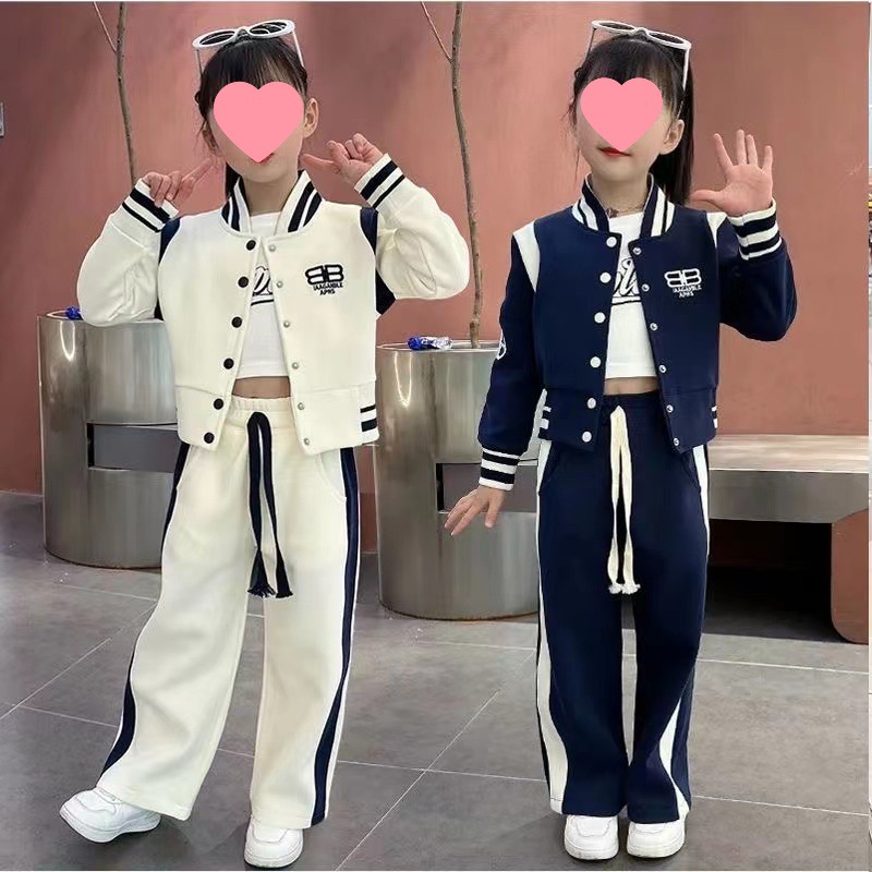 2024 new casual foreign style suit big children's fashionable Korean letter color matching cardigan jacket pants two-piece set