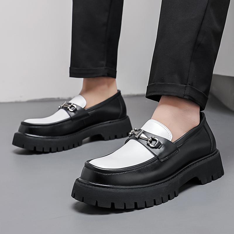 2025 plus size Black and White Platform Shoes Big Shoes Slip-on Loafers Small Men's Thick-soled Height-increasing Leather Shoes