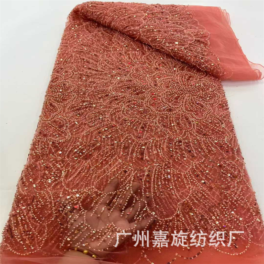 Picture of African large flower beaded tube sequin wedding dress fashion fabric 5yards African beaded lace