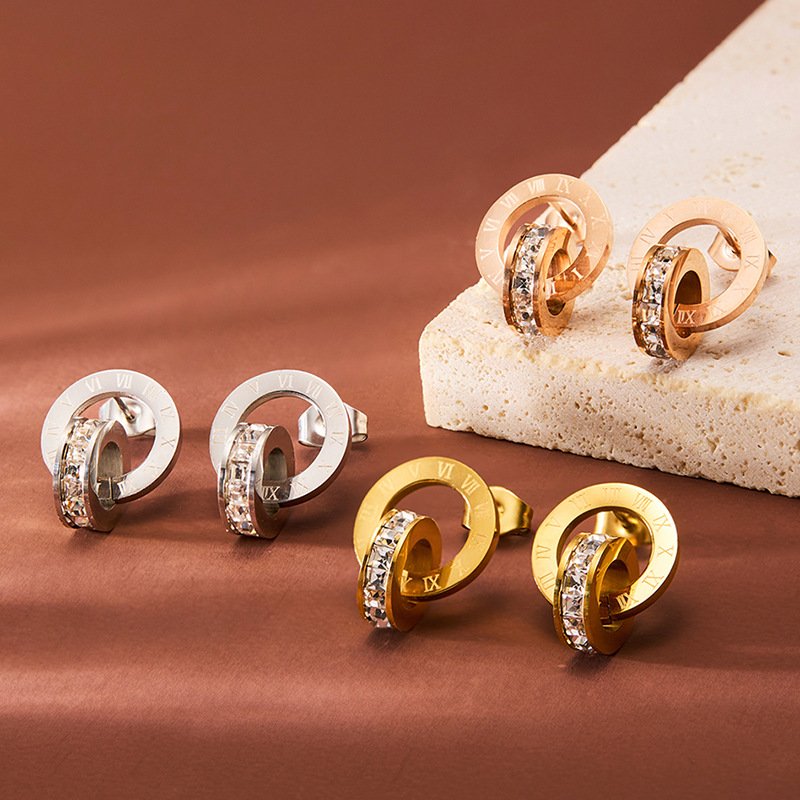 Wen Jian plated 18K gold European and American fashion Roman circle zircon color gold titanium steel rose gold all-match earrings