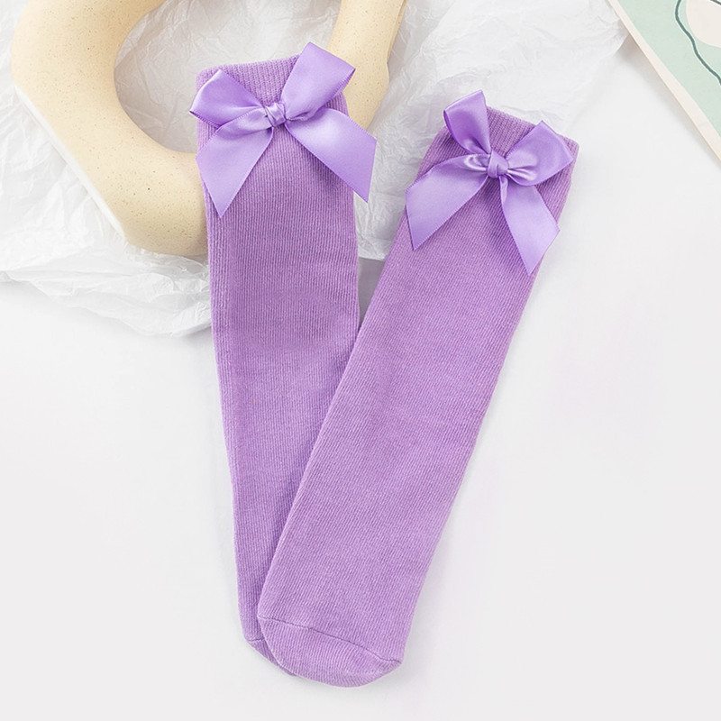 Picture of Children's Mid-Calf Socks, Solid Color Bowknot, Suitable for Both Small and Large Children, Slouch Socks That Can Be Worn Front or Back, Straight Tube, No Heel Socks for Girls