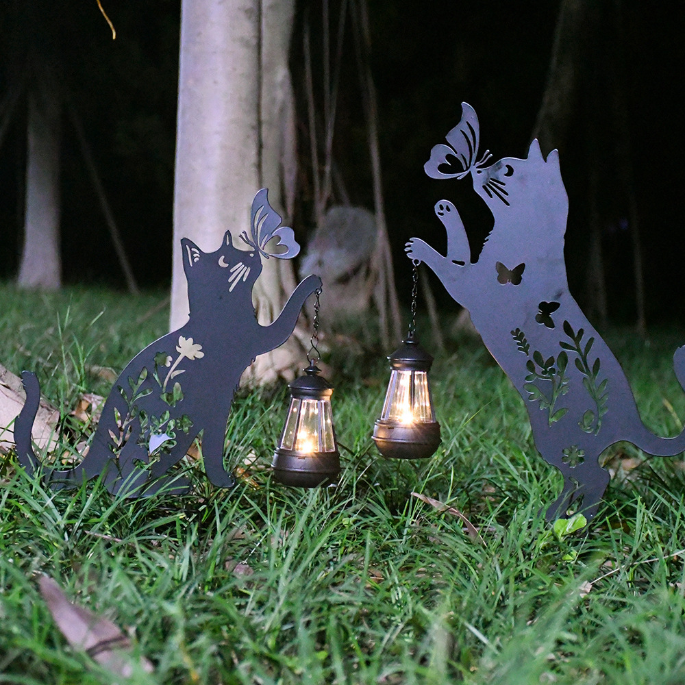 Amazon New Wrought Iron Cat Floor Plug Solar Dog Lantern Outdoor Waterproof Courtyard Landscape Decorative Lawn Lamp