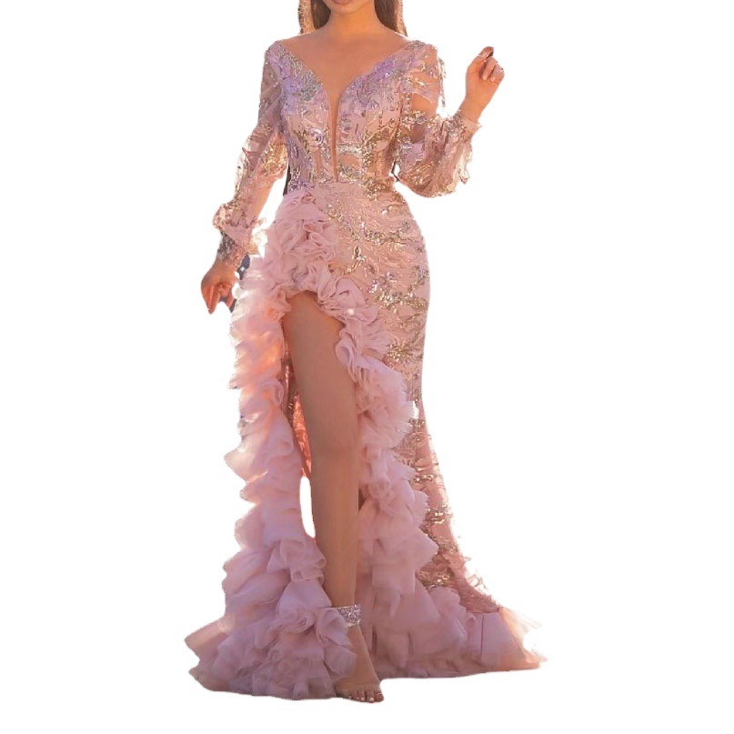 Lotus Leaf V-Neck Slit Pink Sexy Dress Pink Sexy Sequin Host Evening Dress
