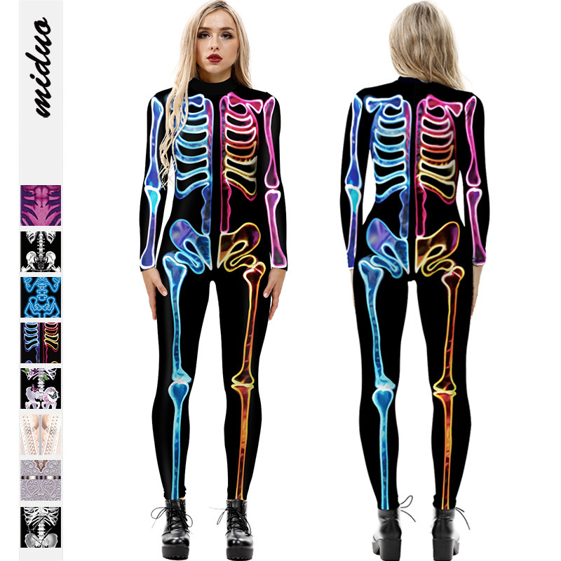 Cross-border popular skeleton ghost clothing 3D digital printing Halloween cosplay play clothing women's tight jumpsuit