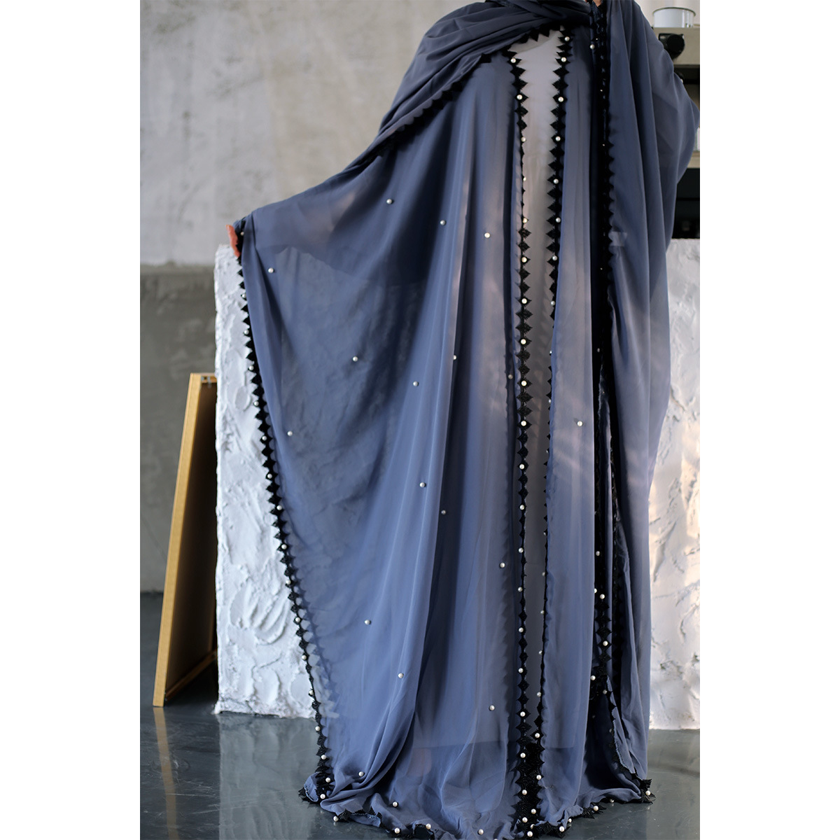 Picture of European and American muslim Trendy Lace Stitching Beads Loose Lace Long Sleeve Cardigan Women's 1653