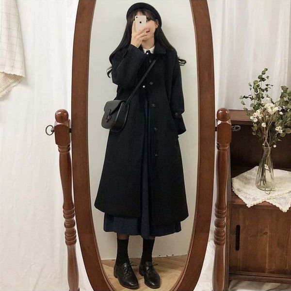 Student Woolen Coat Women's Mid-length 2022 Autumn and Winter New Korean Style Loose Slimming Thickened Over-the-knee Woolen Coat