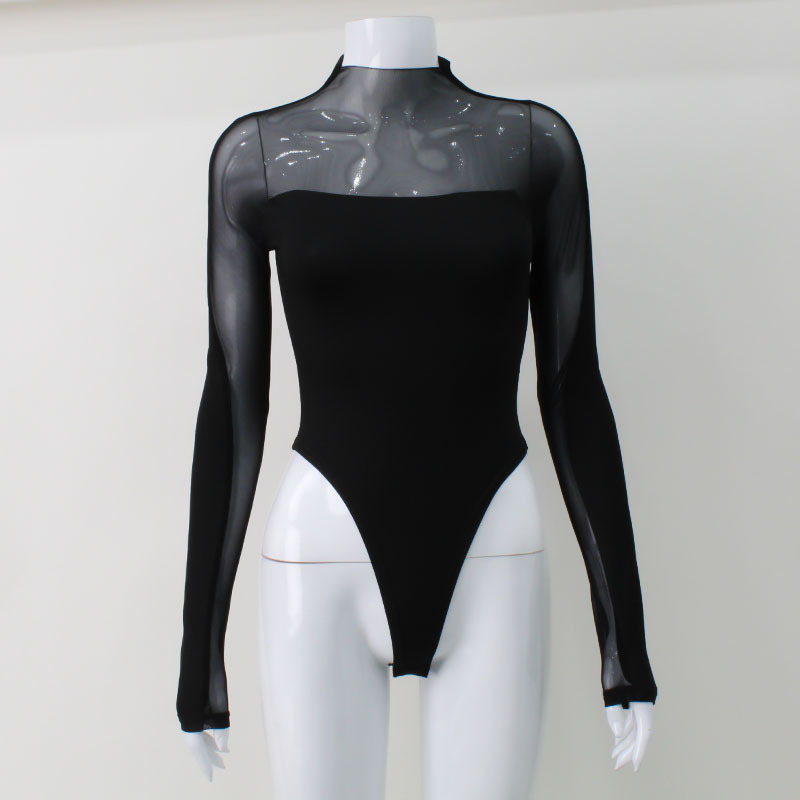 Picture of European and American Foreign Trade Women's Clothing Aliexpress Sexy Mesh Patchwork Long-Sleeve Slim-Fit High-Elastic Bodysuit Top with High Elasticity