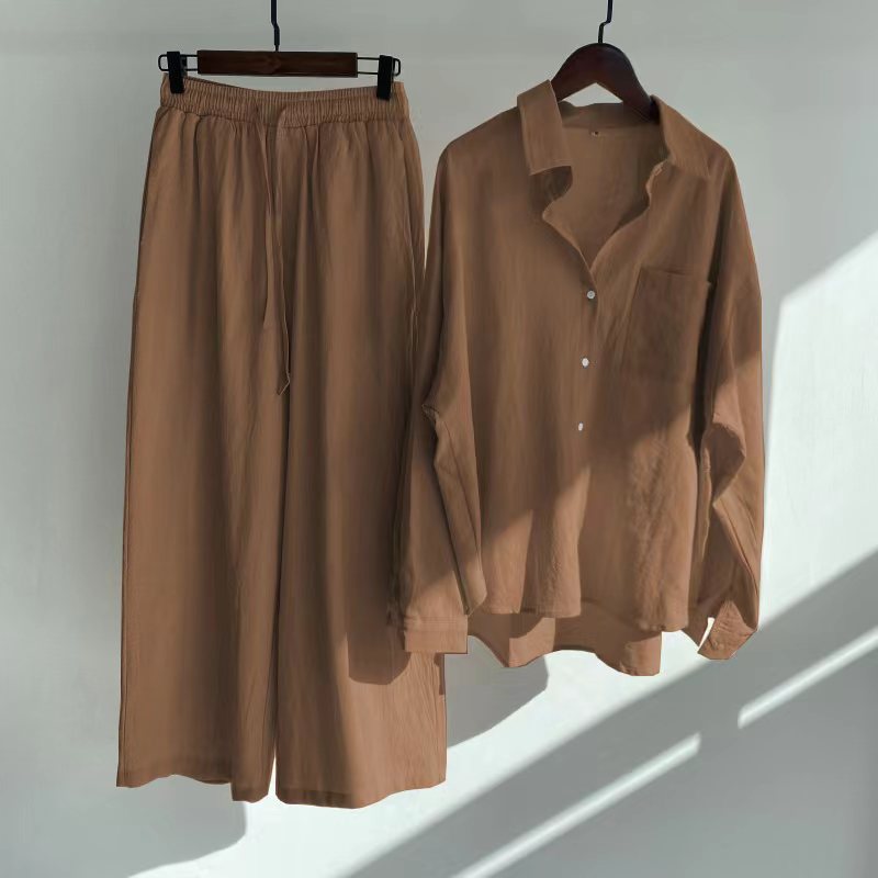 Picture of Cross-border Amazon Women's 2-piece Vintage Plus Size 2022 Cotton and Linen Shirt suit High Waist Loose Trousers